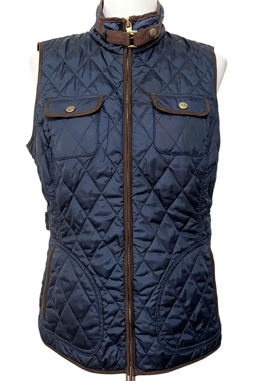 Banana Republic Quilted Vest Medium Navy Blue Full-Zip Pockets Equestrian Womens